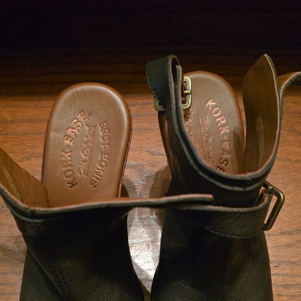 Kork-Ease Dark Gray Leather Ankle Wedge Open Toe